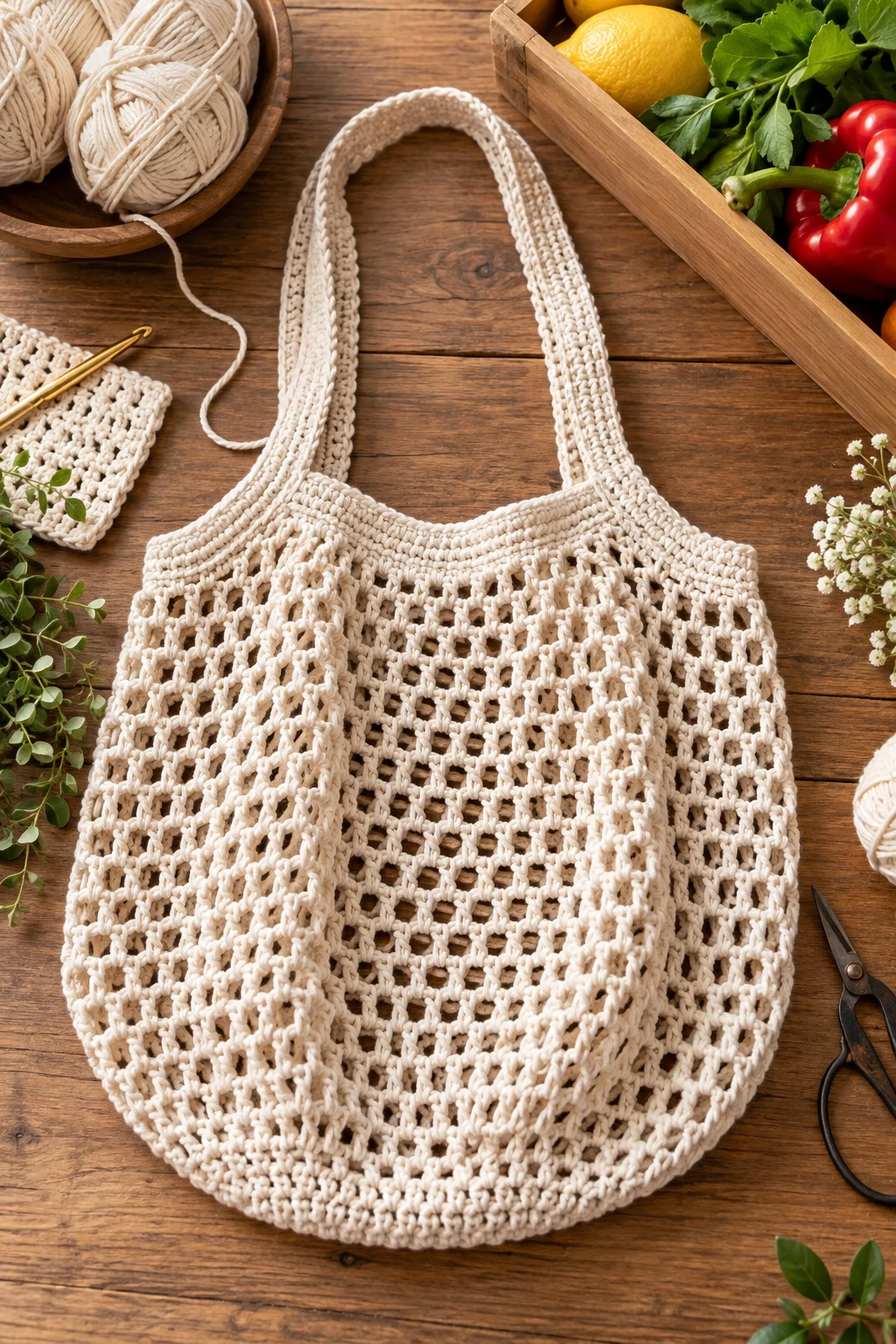 Classic Cotton Mesh Crochet Foldable Market Bag — crochet foldable market bag style outfit