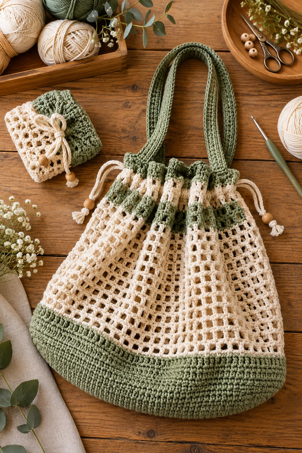 Crochet Foldable Grocery Bag With Drawstring — crochet foldable market bag style outfit