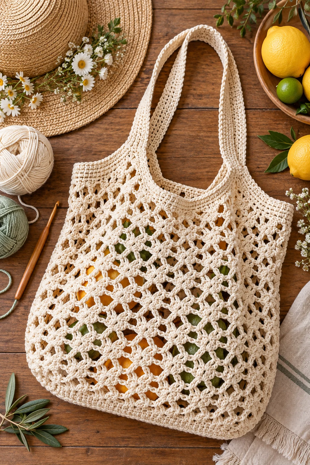 Openwork Summer Market Bag — crochet foldable market bag style outfit