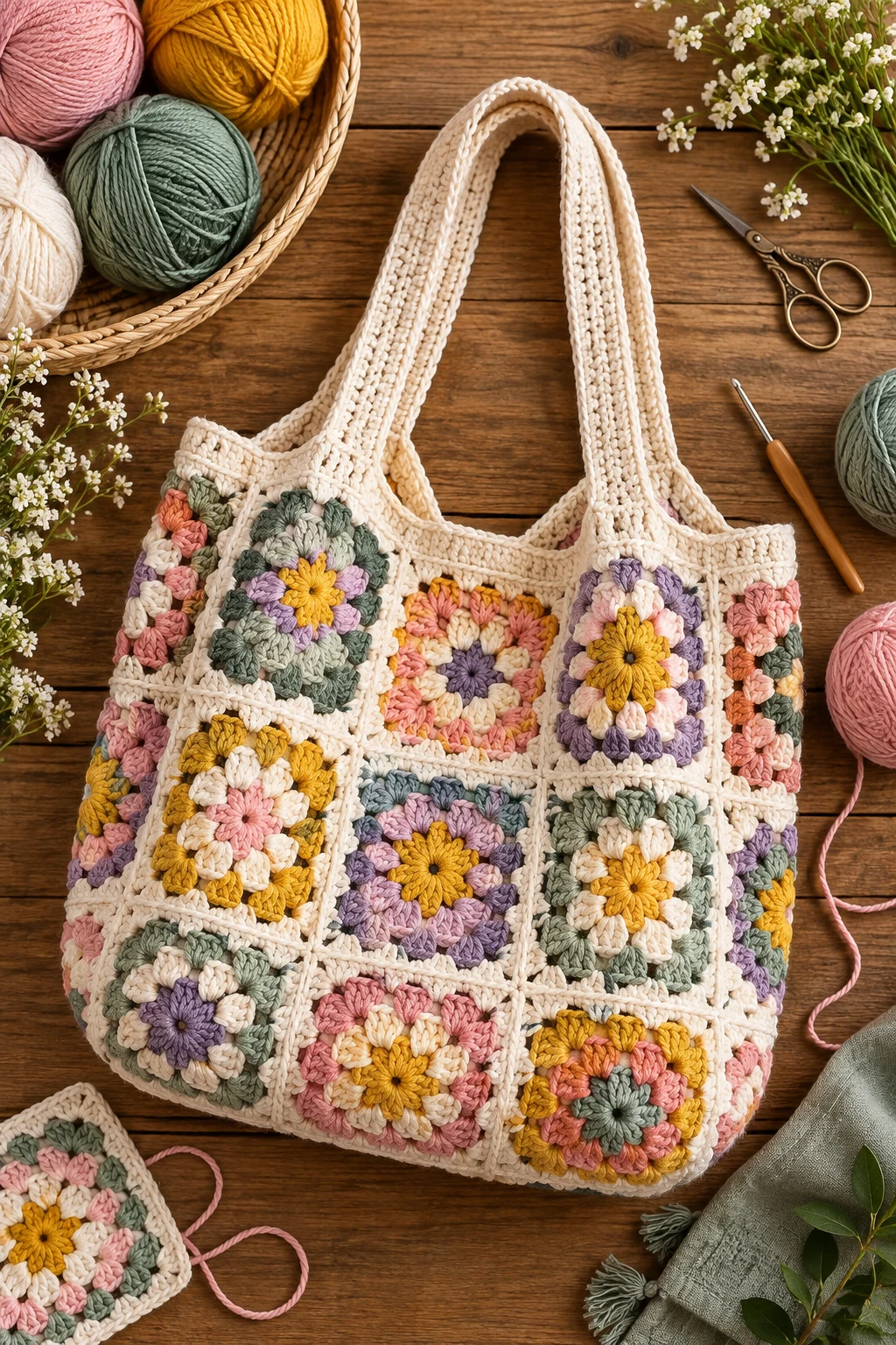 Granny Square Folding Market Bag — crochet foldable market bag style outfit