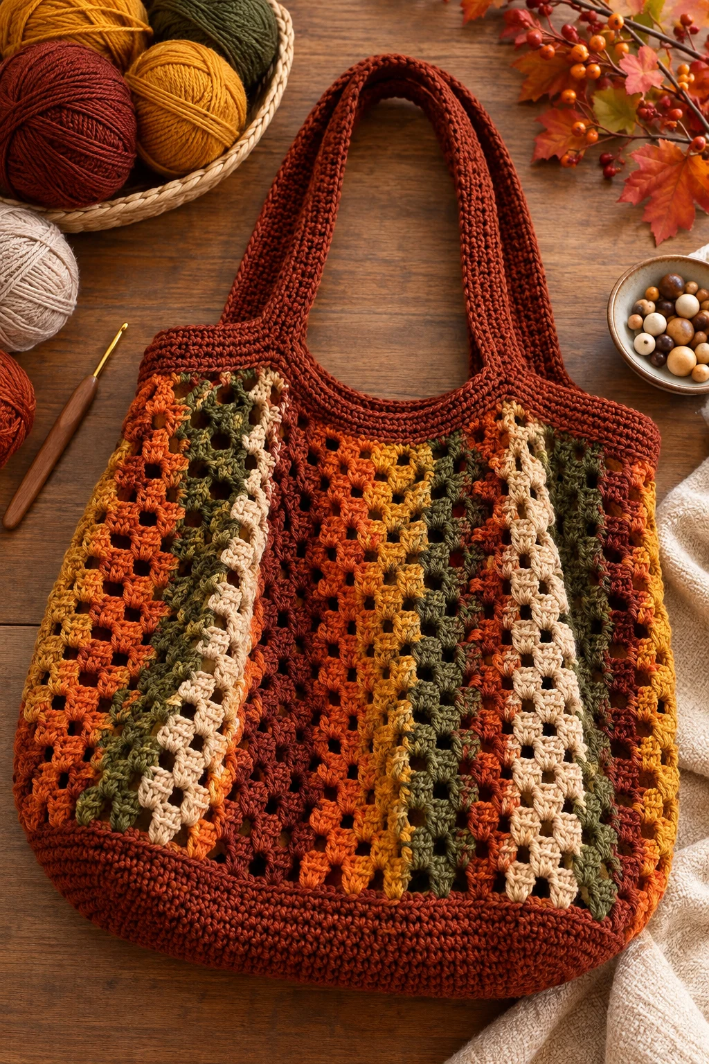 Elegant Market Bag in Deep Autumn Colors — crochet foldable market bag style outfit