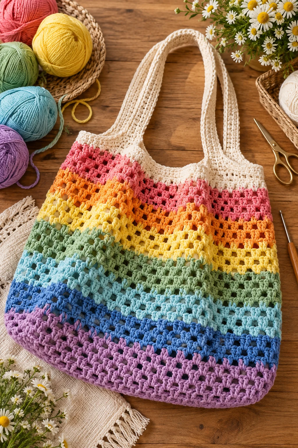 Rainbow Stripe Folding Market Bag — crochet foldable market bag style outfit