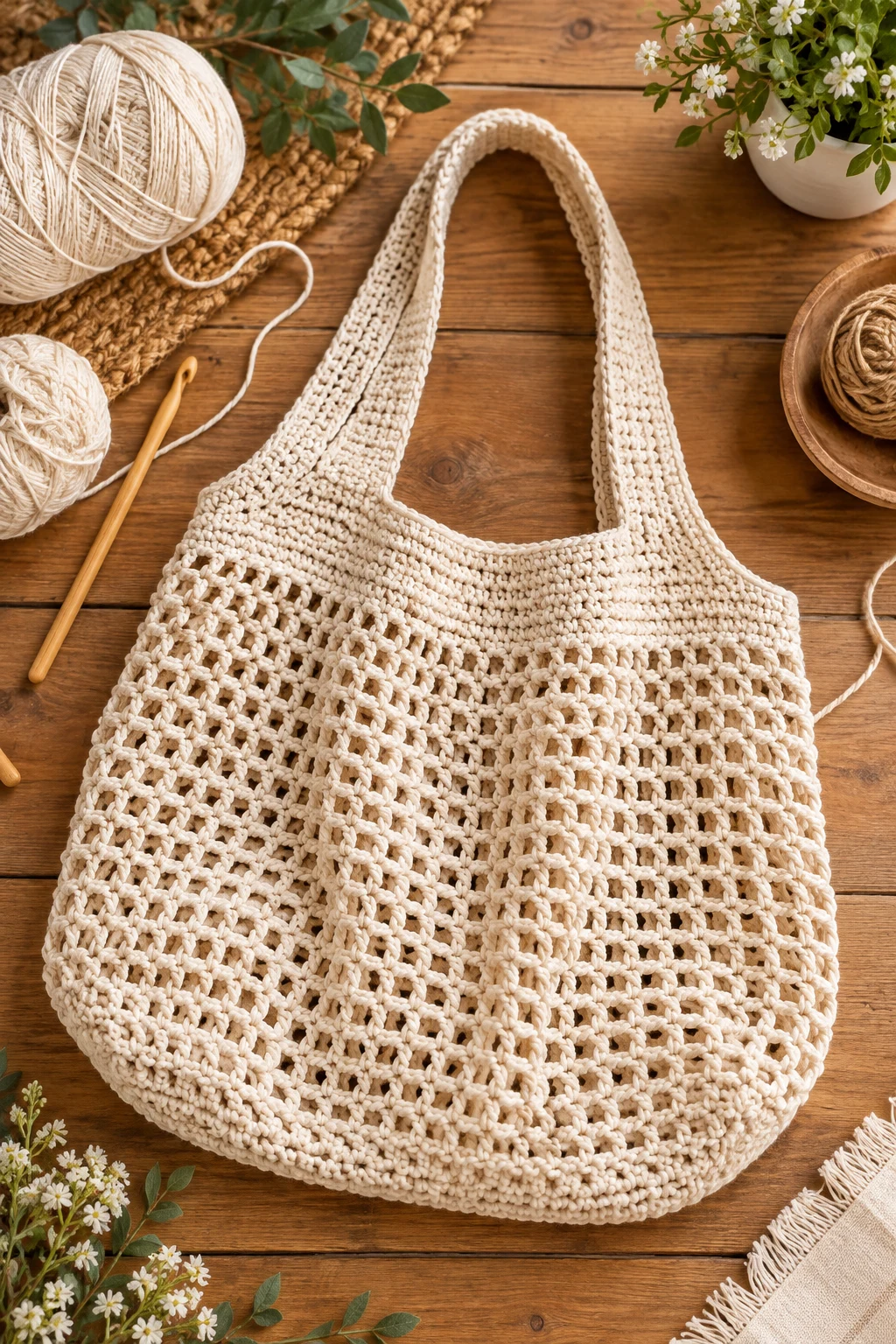 Minimalist Natural Cotton Shopping Bag — crochet foldable market bag style outfit