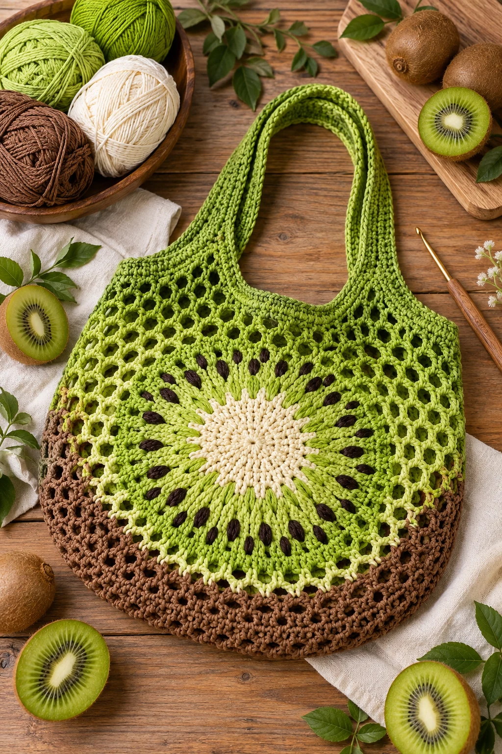 Fruit-Inspired Kiwi Foldable Bag — crochet foldable market bag style outfit