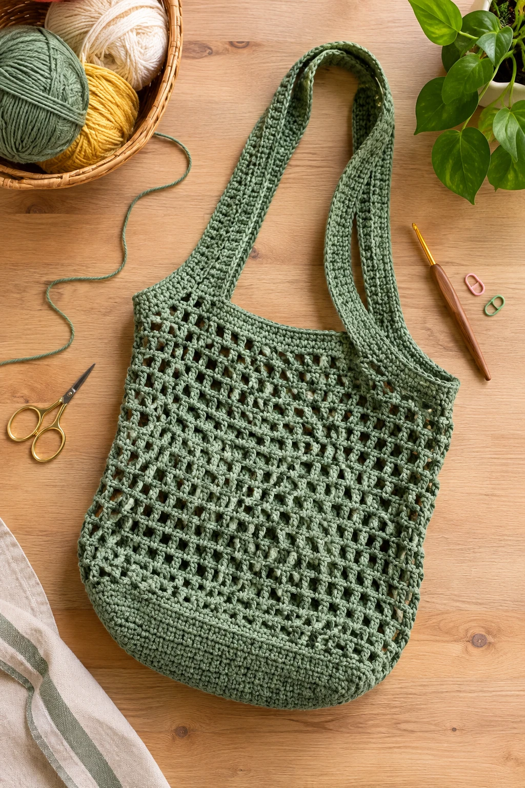 Crochet Folding Market Bag With Long Handles — crochet foldable market bag style outfit