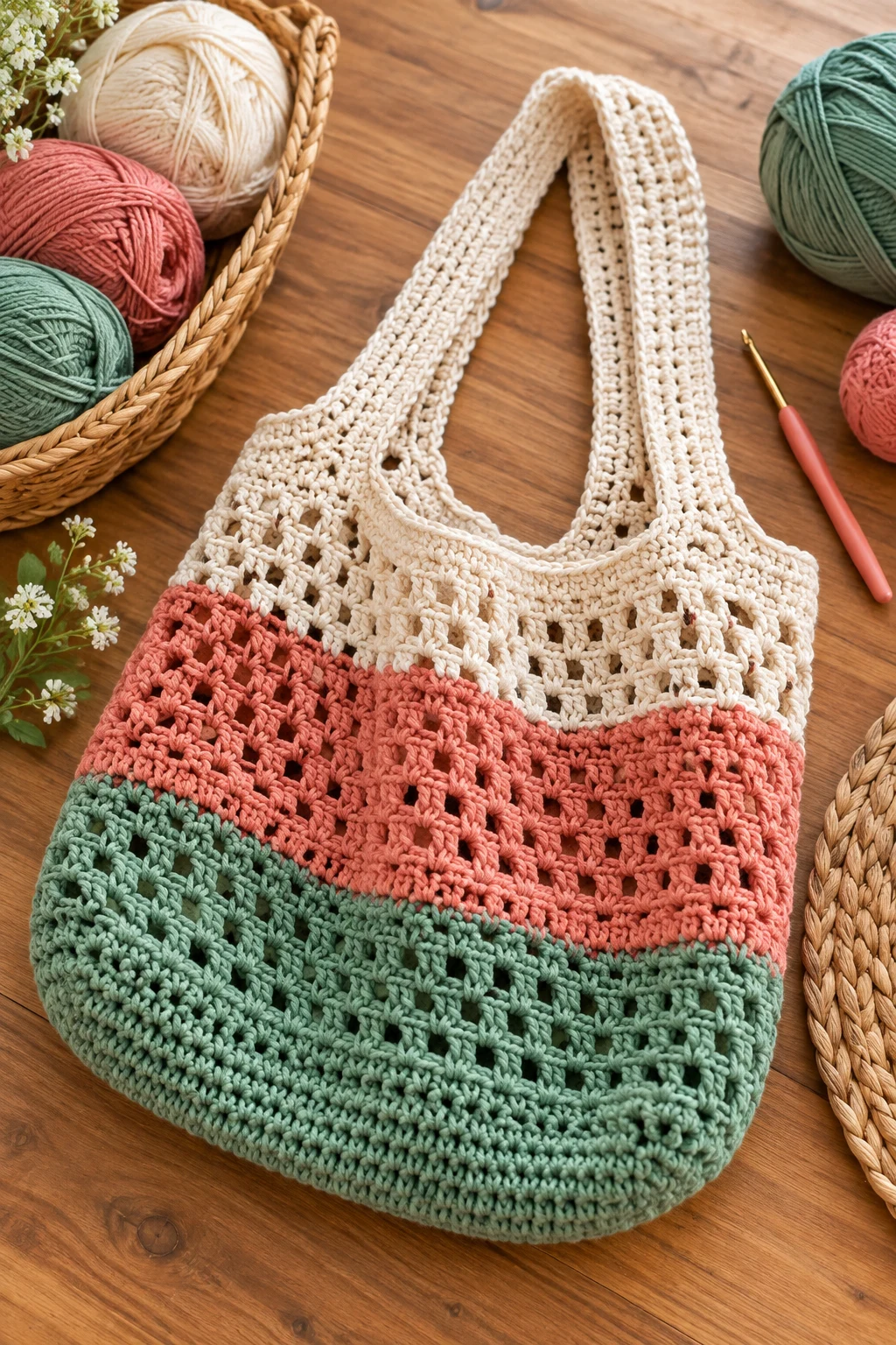 Color-Blocked Crochet Collapsible Market Bag — crochet foldable market bag style outfit