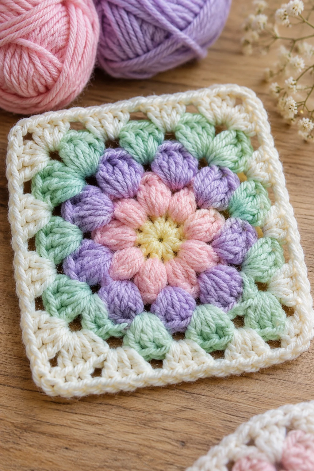 The Pastel Puff Stitch Granny Square — crochet granny square pattern free