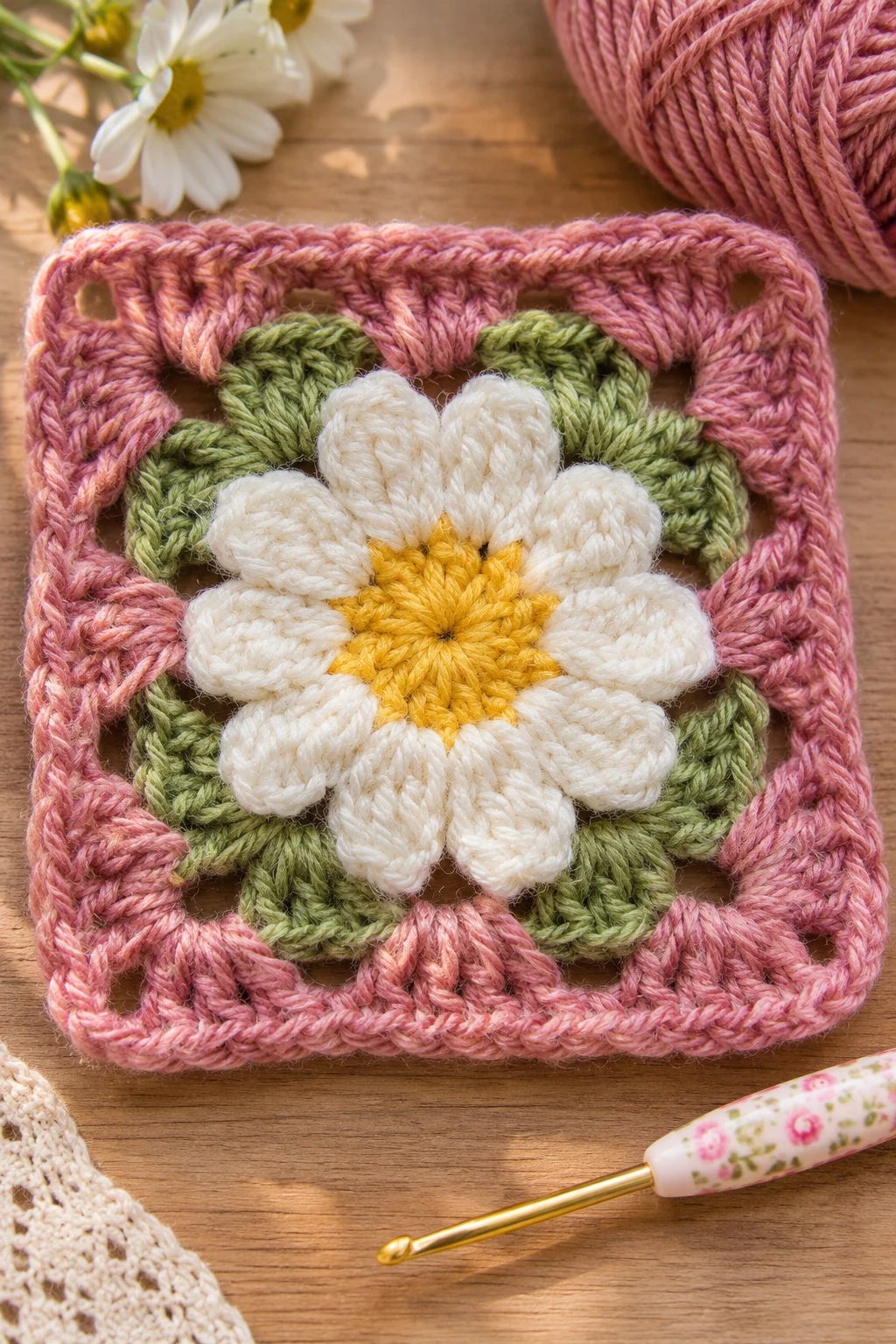 The Vintage Daisy Flower Square — crochet granny square pattern free