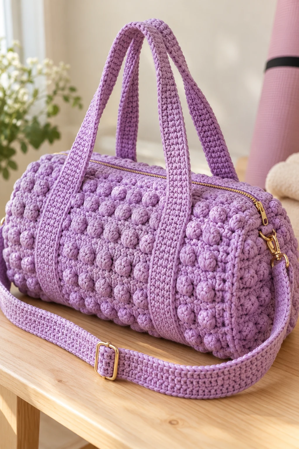 Textured Crochet Gym Bag With Bobble Stitches — crochet gym bag