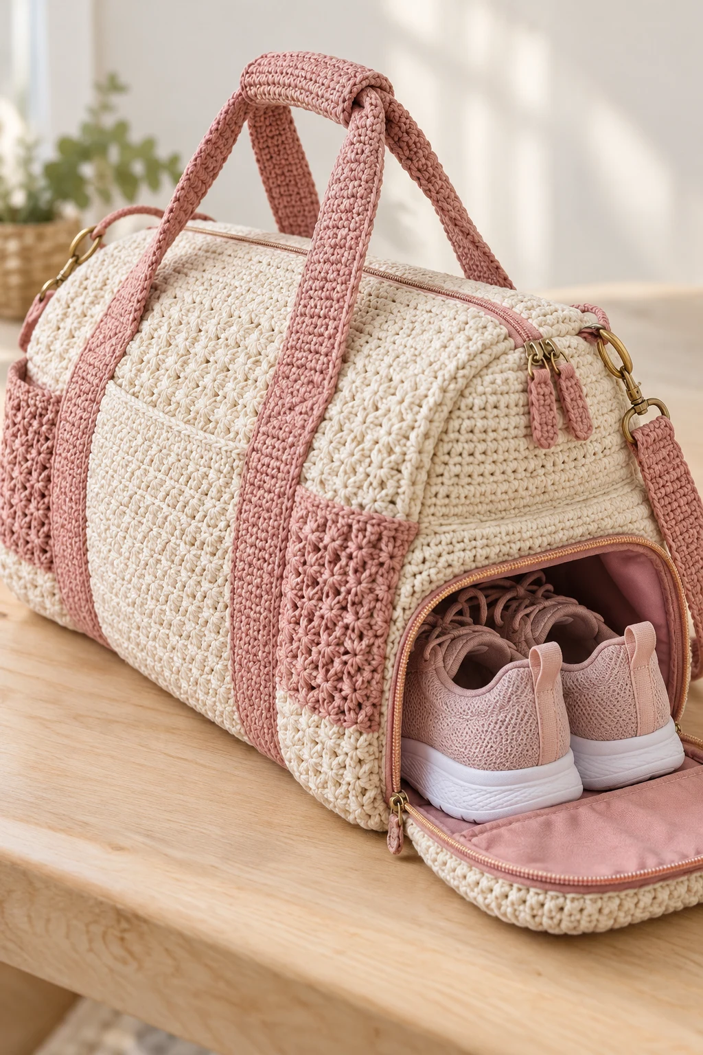Crochet Gym Bag With a Separate Shoe Compartment — crochet gym bag