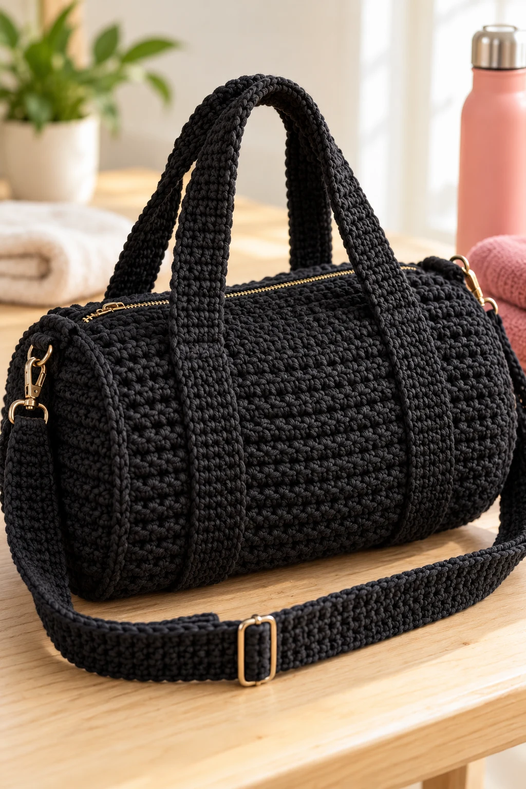 Classic Black Crochet Gym Bag — crochet gym bag