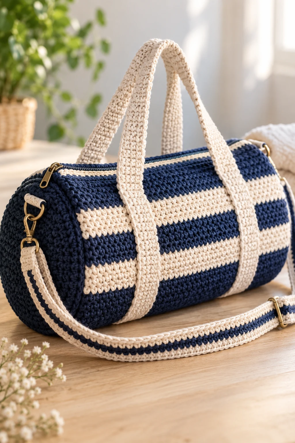 Sporty Striped Crochet Duffle Bag — crochet gym bag