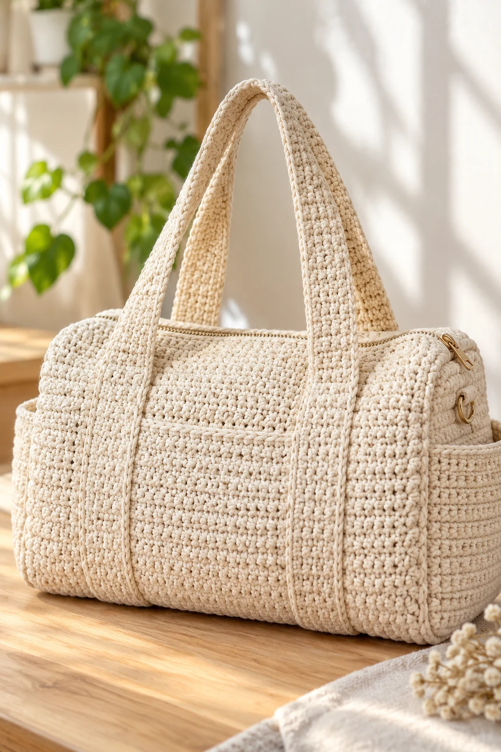 Minimalist Cream Crochet Gym Tote — crochet gym bag