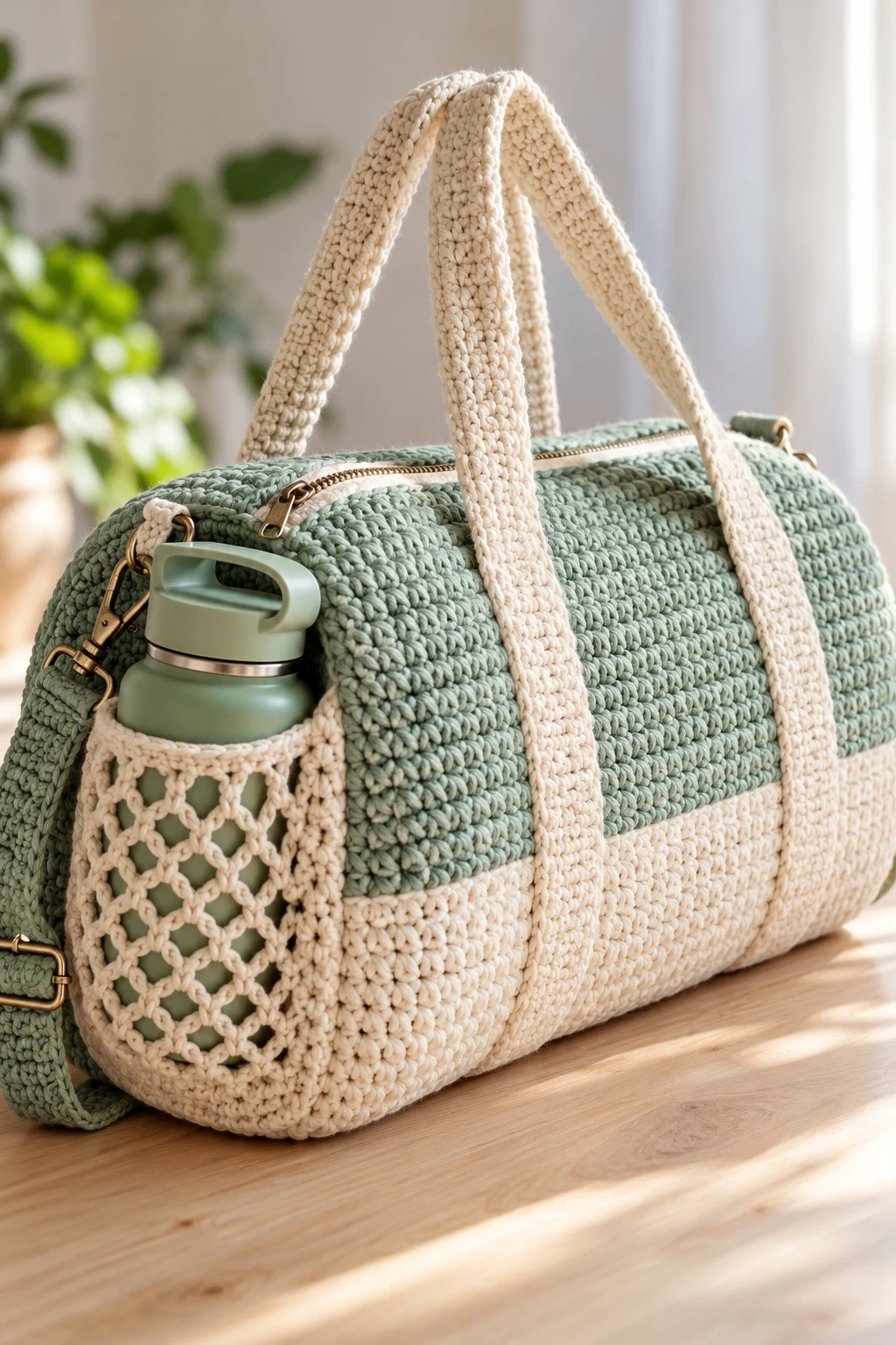 Crochet Gym Bag With a Mesh Water Bottle Pocket — crochet gym bag
