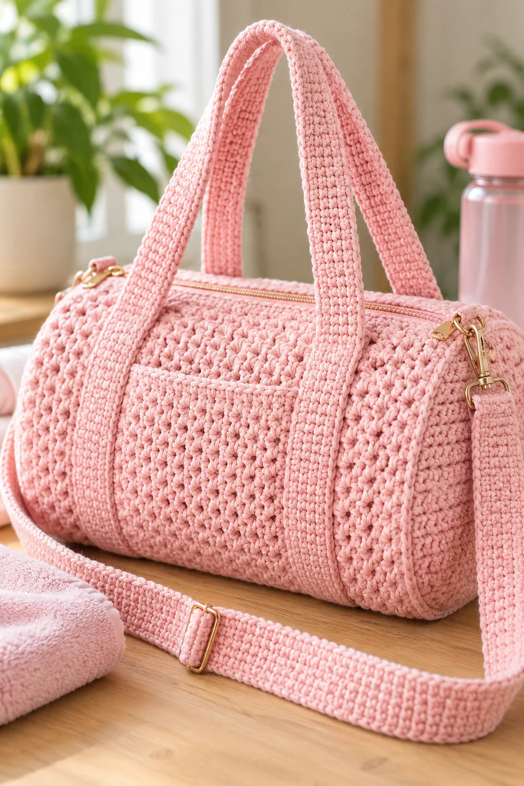 Pastel Pink Crochet Gym Bag — crochet gym bag