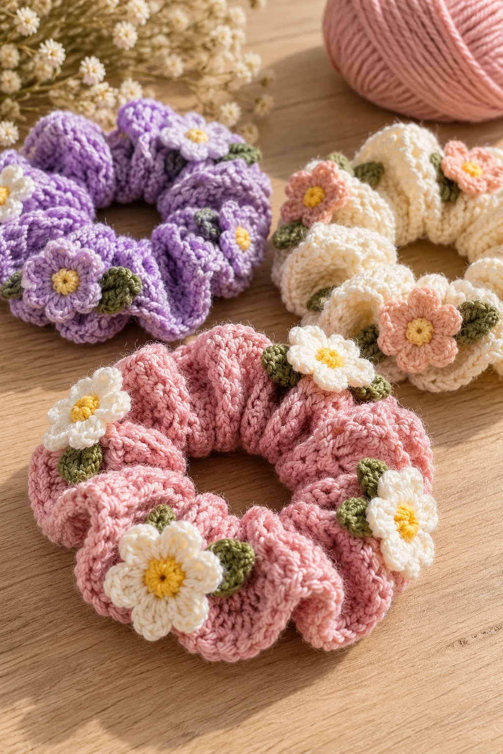 Floral Crochet Scrunchies — crochet hair accessories style outfit