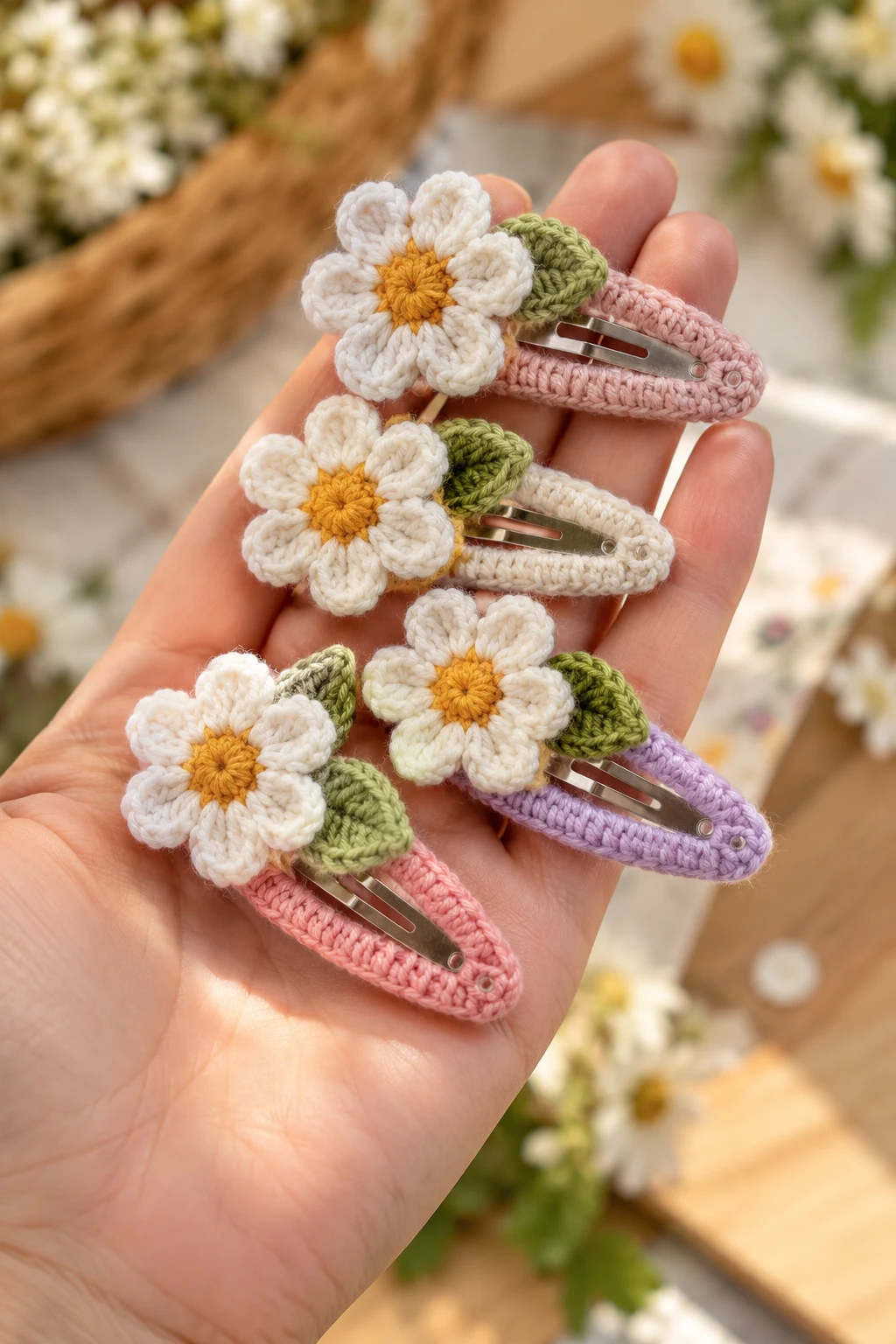 Tiny Crochet Daisy Hair Clips — crochet hair accessories style outfit