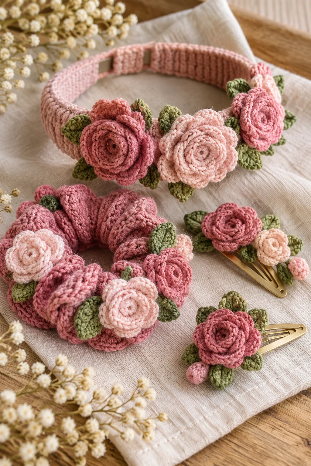 Romantic Crochet Hair Accessories With Roses — crochet hair accessories style outfit