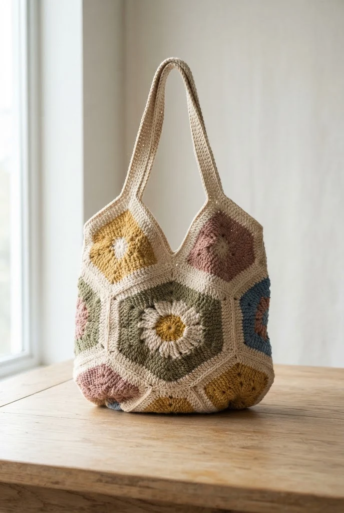 The Classic Boho Daisy Hexagon Tote — crochet hexagon bag style outfit
