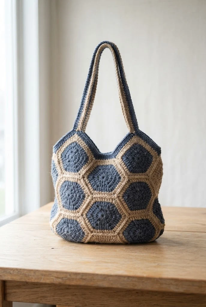 Nautical Navy and Jute Tote — crochet hexagon bag style outfit