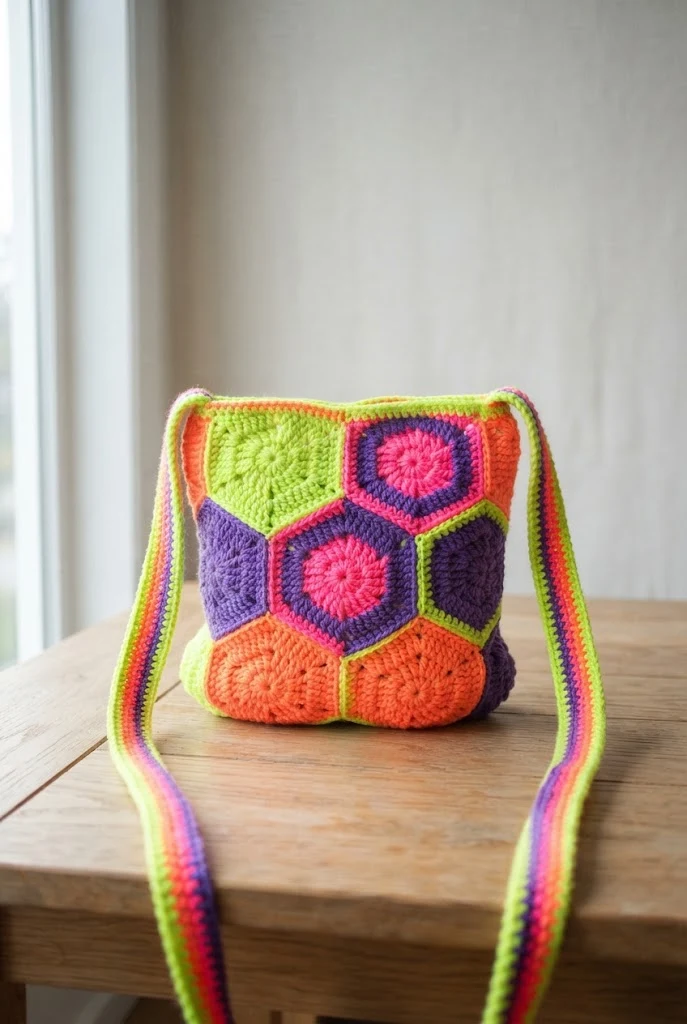 Neon Festival Sling Bag — crochet hexagon bag style outfit