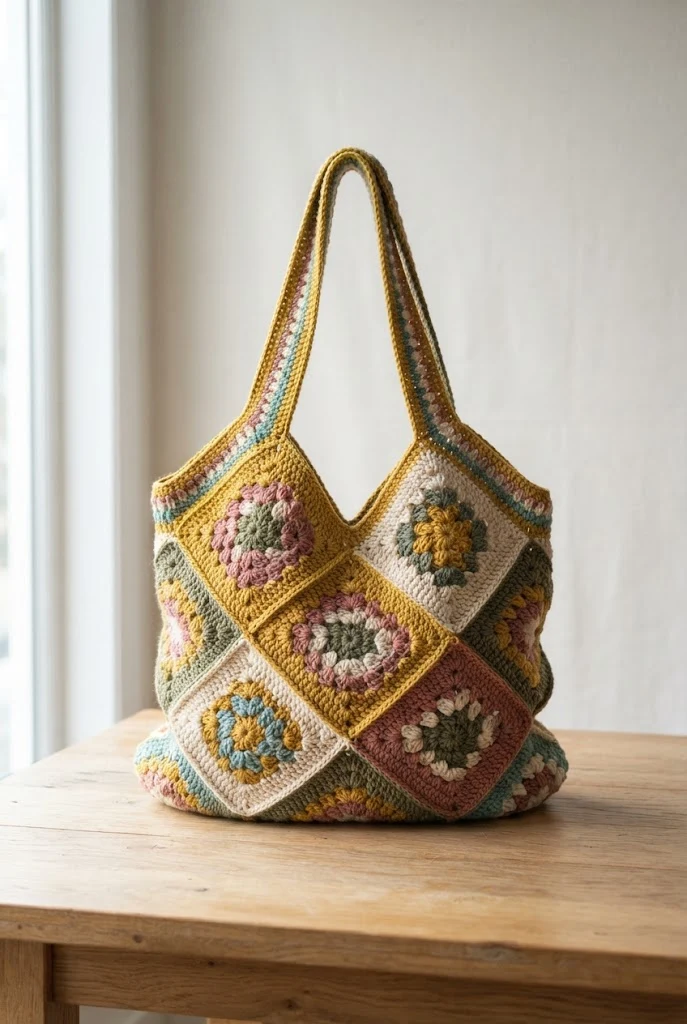Retro Granny Motif Beach Bag — crochet hexagon bag style outfit