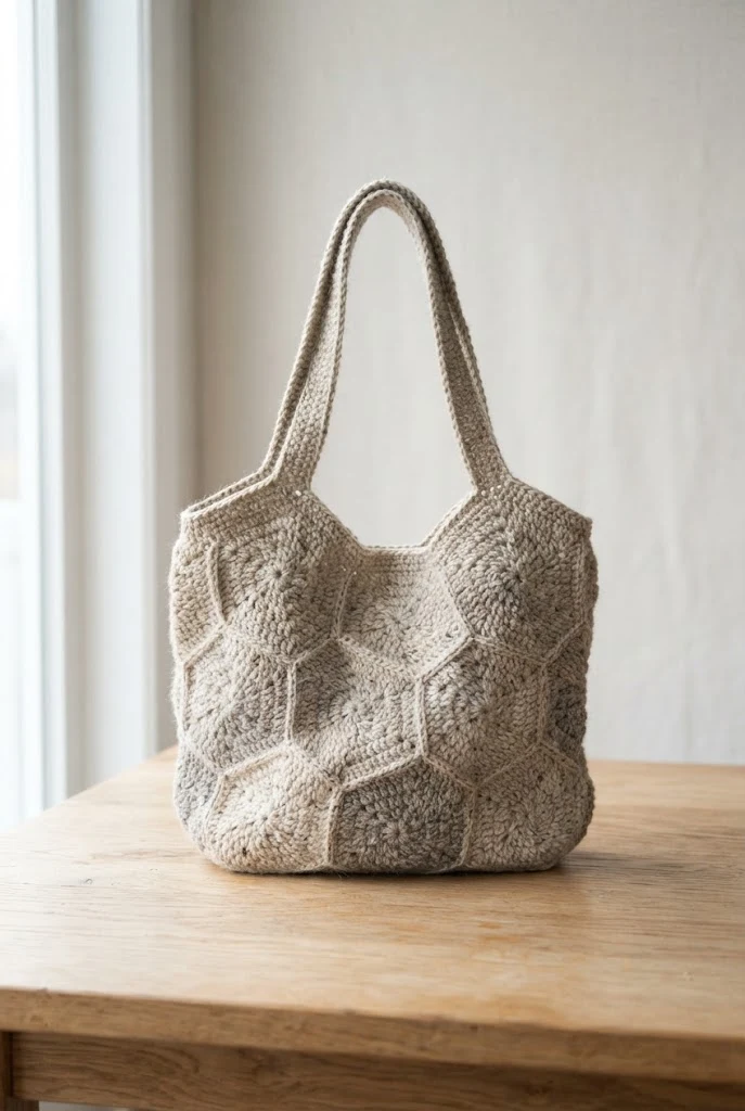 Neutral Tweed Everyday Tote — crochet hexagon bag style outfit