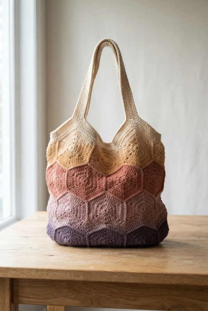 Gradient Sunset Market Tote — crochet hexagon bag style outfit
