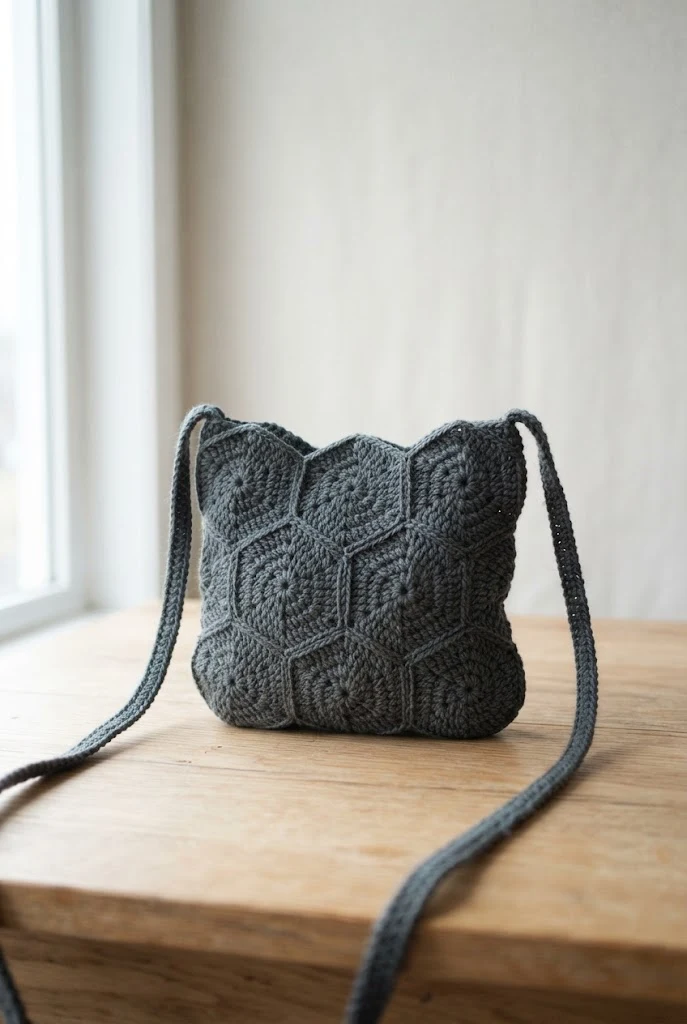 Monochrome Minimalist Crossbody — crochet hexagon bag style outfit