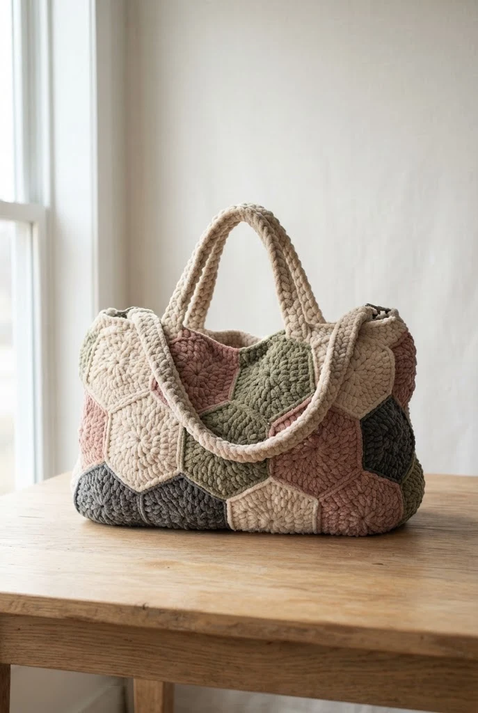 Chunky Chenille Weekend Duffle — crochet hexagon bag style outfit