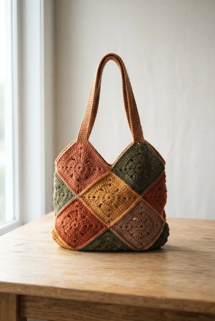 Fall Spice Patchwork Tote — crochet hexagon bag style outfit