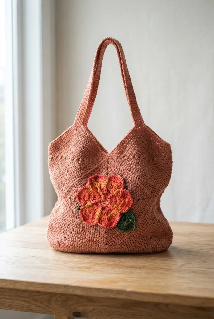 Sunset Coral Hibiscus Tote — crochet hibiscus bag style outfit