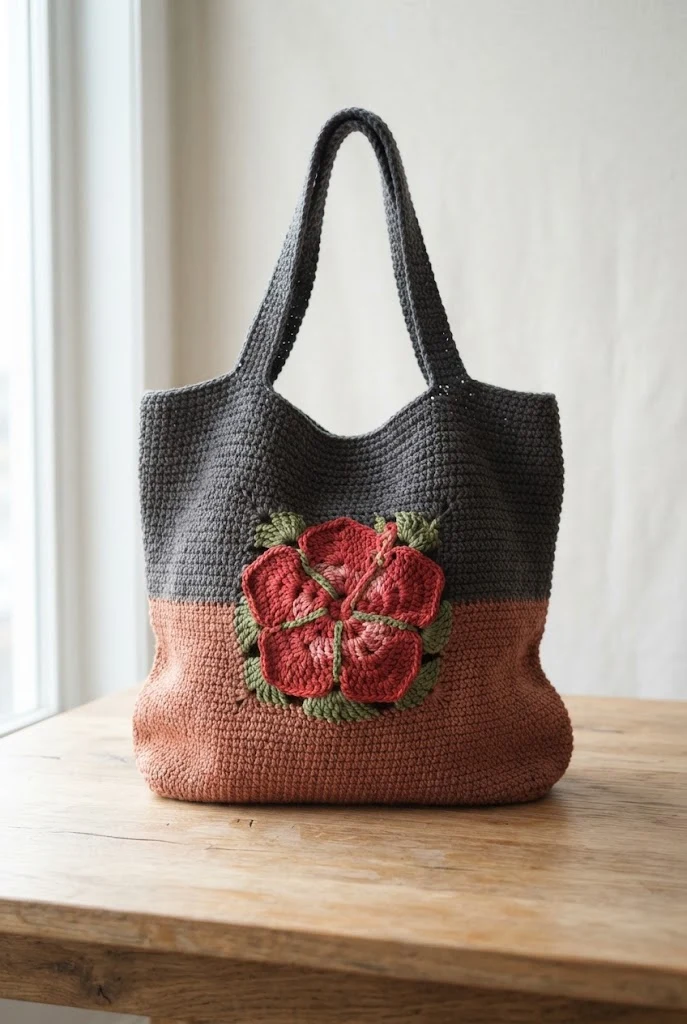 Two-Tone Colorblock Hibiscus Tote — crochet hibiscus bag style outfit