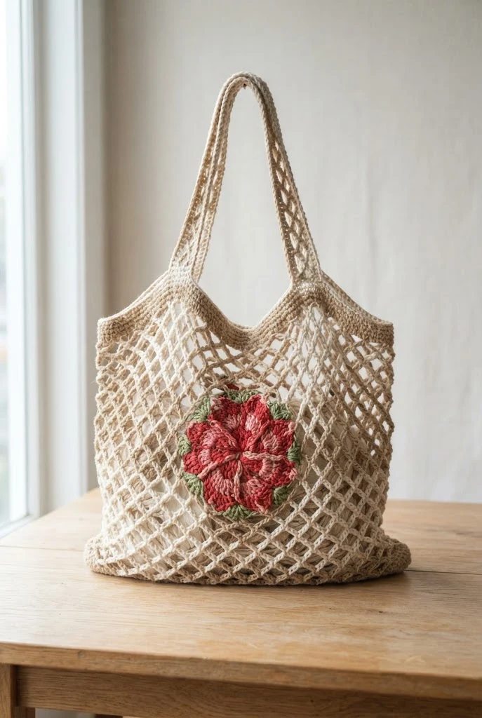 Diamond Lattice Hibiscus Net Bag — crochet hibiscus bag style outfit