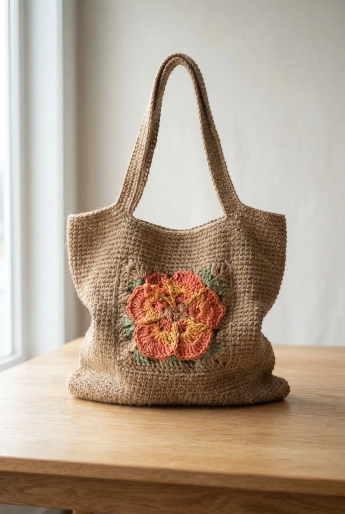 Rustic Jute and Floral Hibiscus Shopper — crochet hibiscus bag style outfit