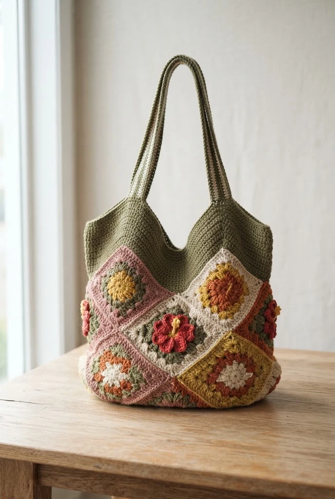 Retro Granny Square Hibiscus Hybrid — crochet hibiscus bag style outfit