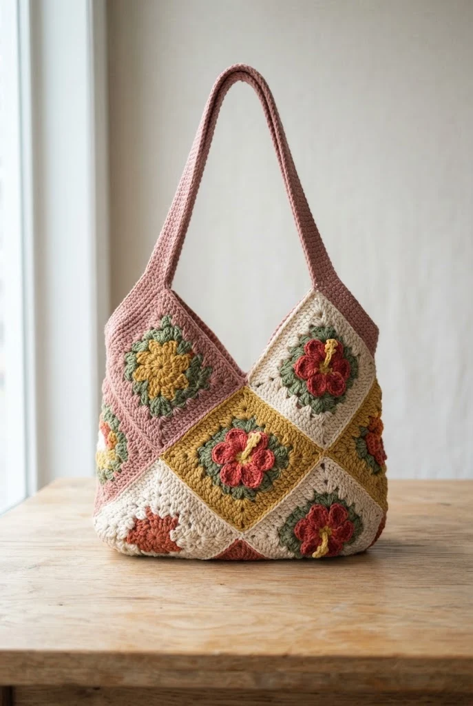 Tropical Granny Square Hibiscus Purse — crochet hibiscus bag style outfit