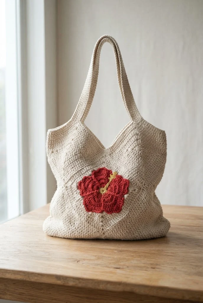 Minimalist White and Red Hibiscus Shopper — crochet hibiscus bag style outfit