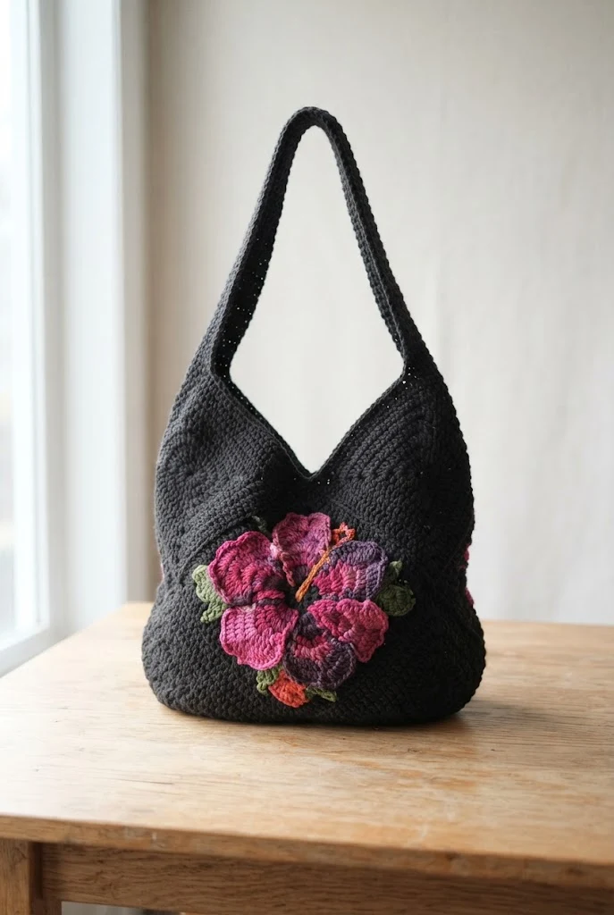 Bold Black and Magenta Floral Sling — crochet hibiscus bag style outfit