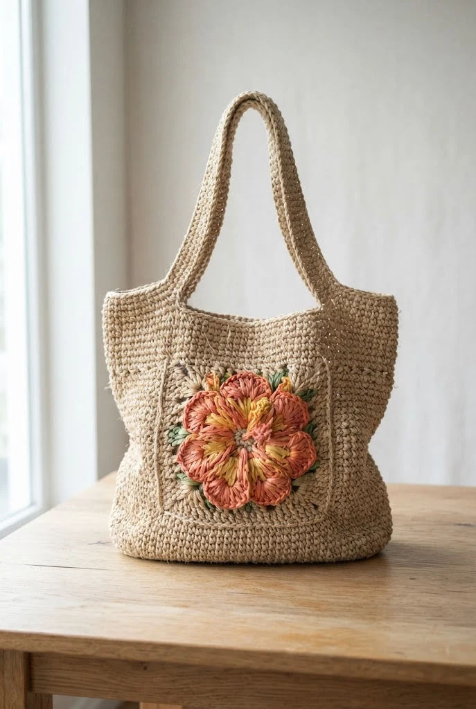 Chunky Raffia Hibiscus Beach Bag — crochet hibiscus bag style outfit