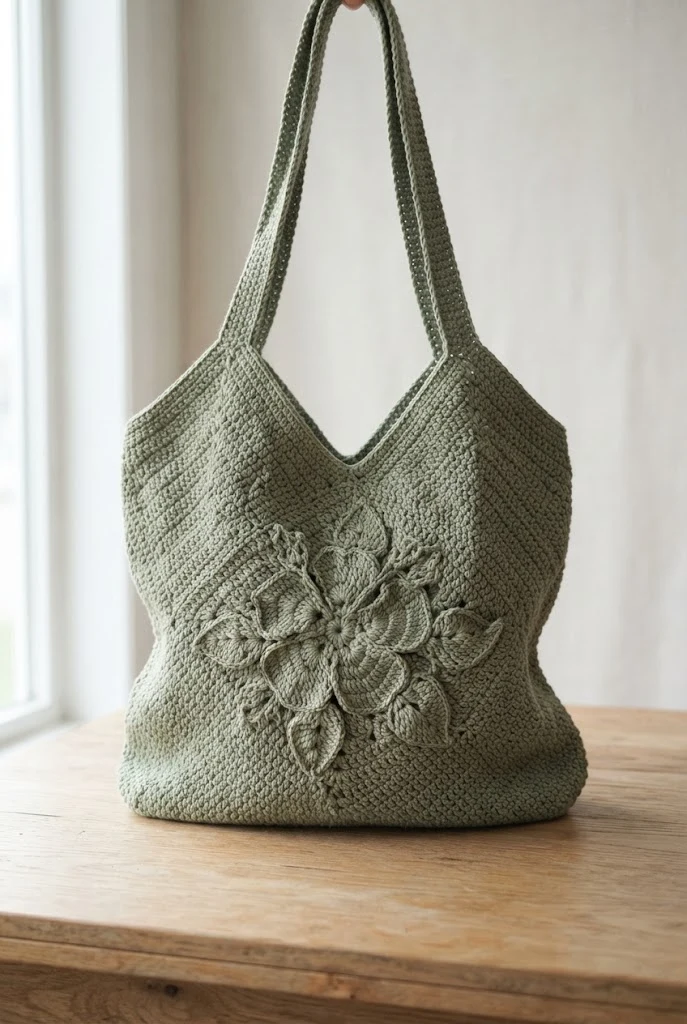 Monochromatic Sage Floral Carrier — crochet hibiscus bag style outfit