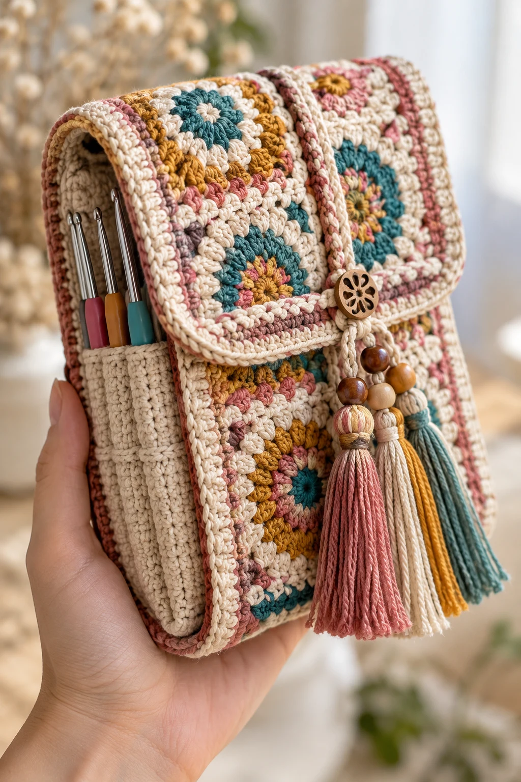 Boho Crochet Hook Bag With Tassels — crochet hook bag