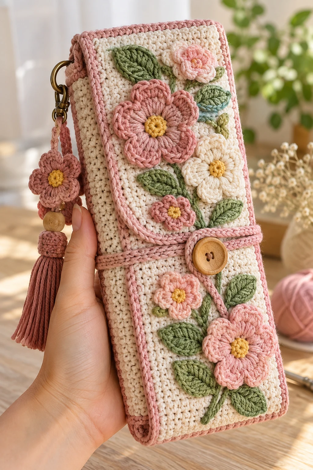 Floral Appliqué Crochet Hook Bag — crochet hook bag