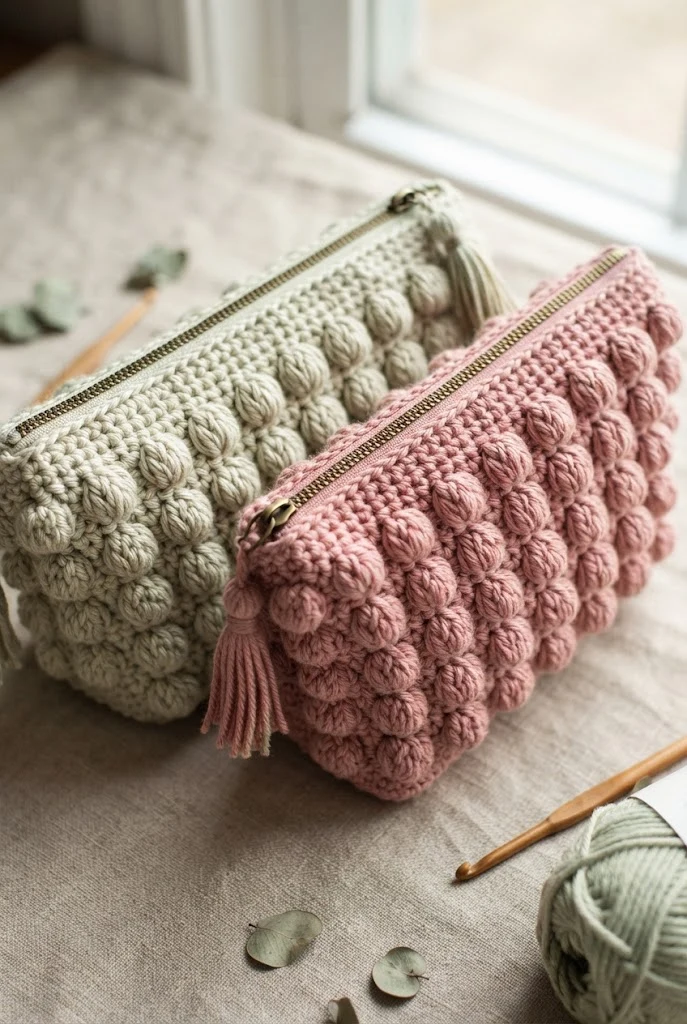 Coordinating Bubble Stitch Cosmetic Pouches — crochet ideas for best friends style outfit