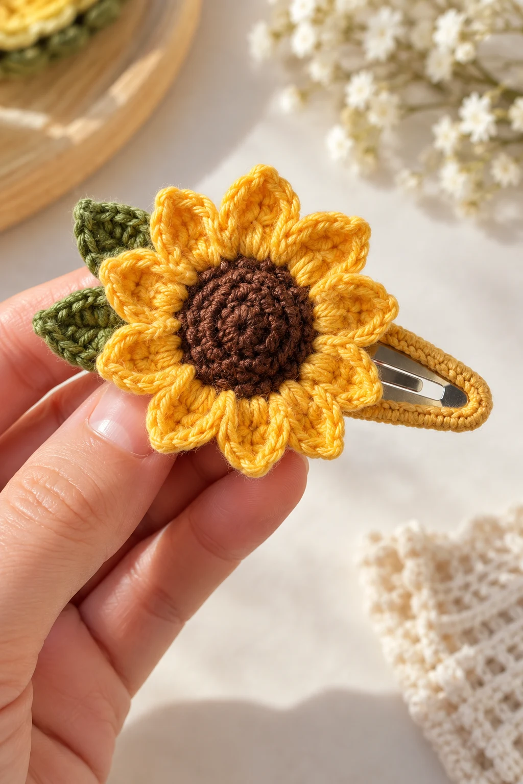 Mini Crochet Sunflower Hair Clip — crochet inspo small projects style outfit