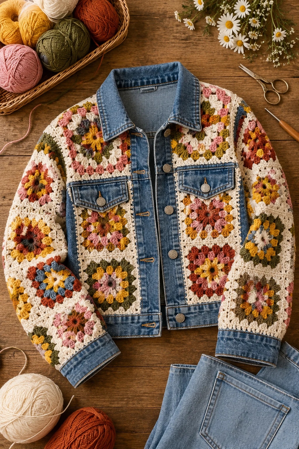 Granny Square Jacket With Denim — Crochet Jacket style outfit