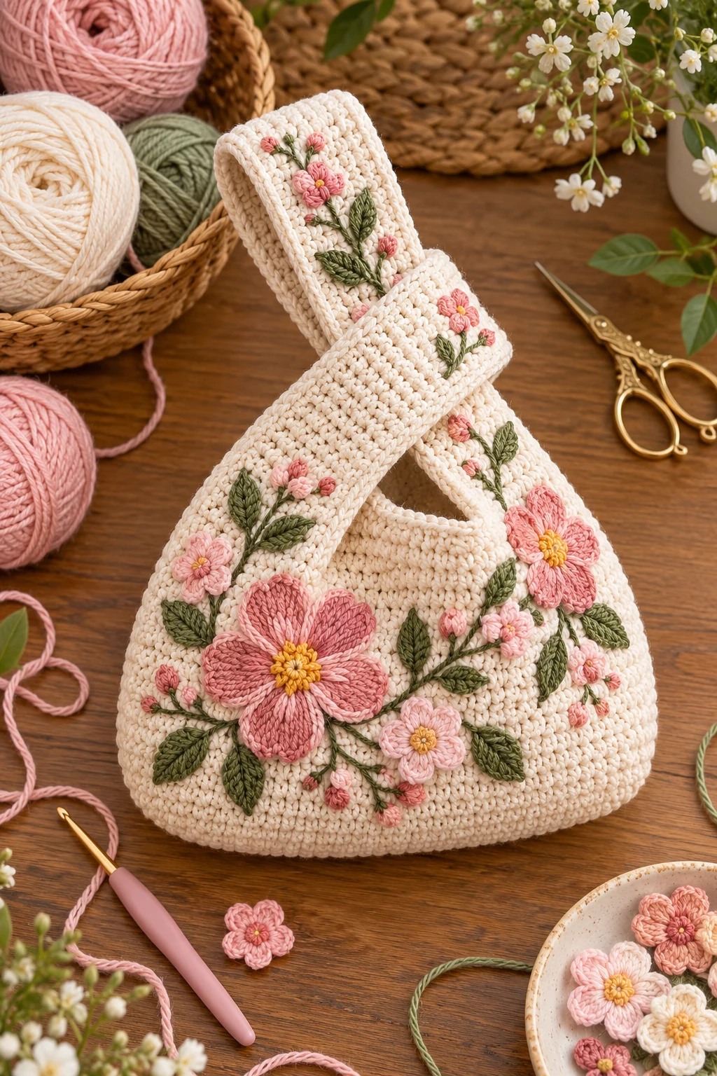 Floral Embroidered Knot Bag — crochet japanese knot bag pattern free style outfit