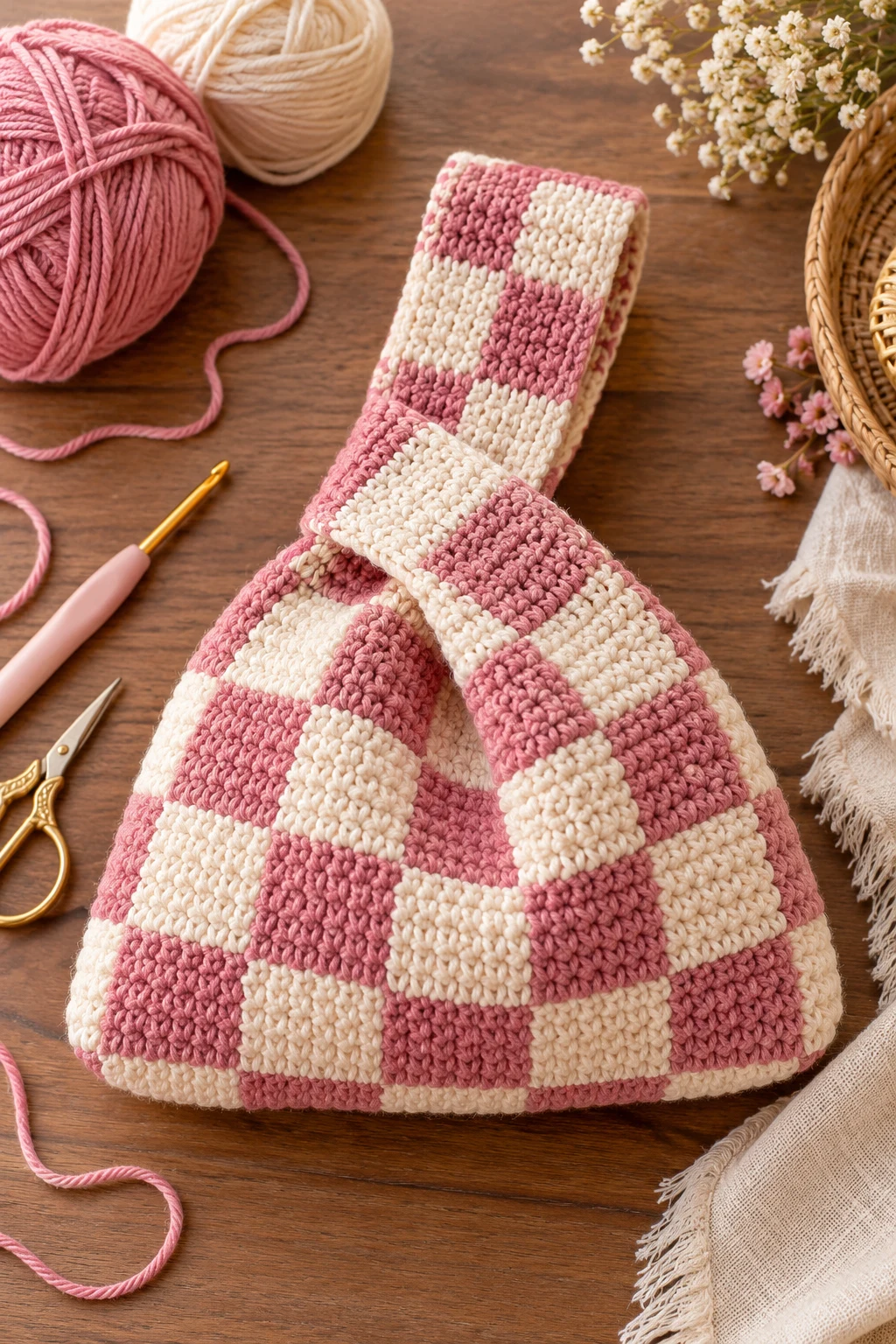 Two-Tone Checkerboard Knot Bag — crochet japanese knot bag pattern free style outfit
