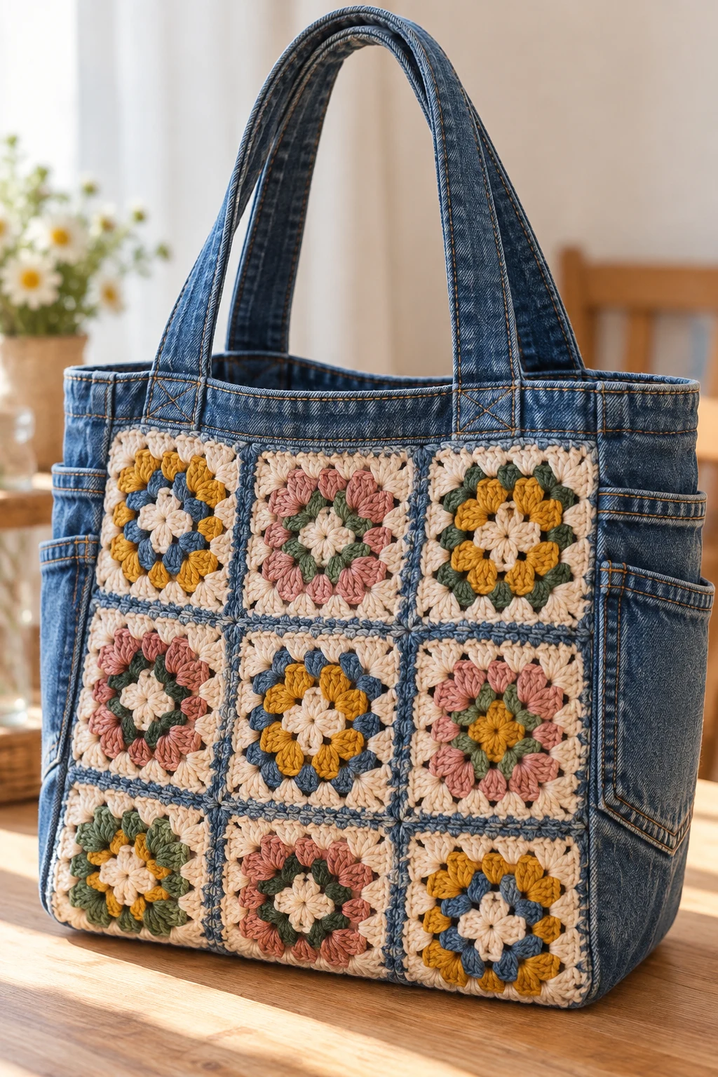 Classic Blue Denim Granny Square Tote — crochet jeans bag style outfit