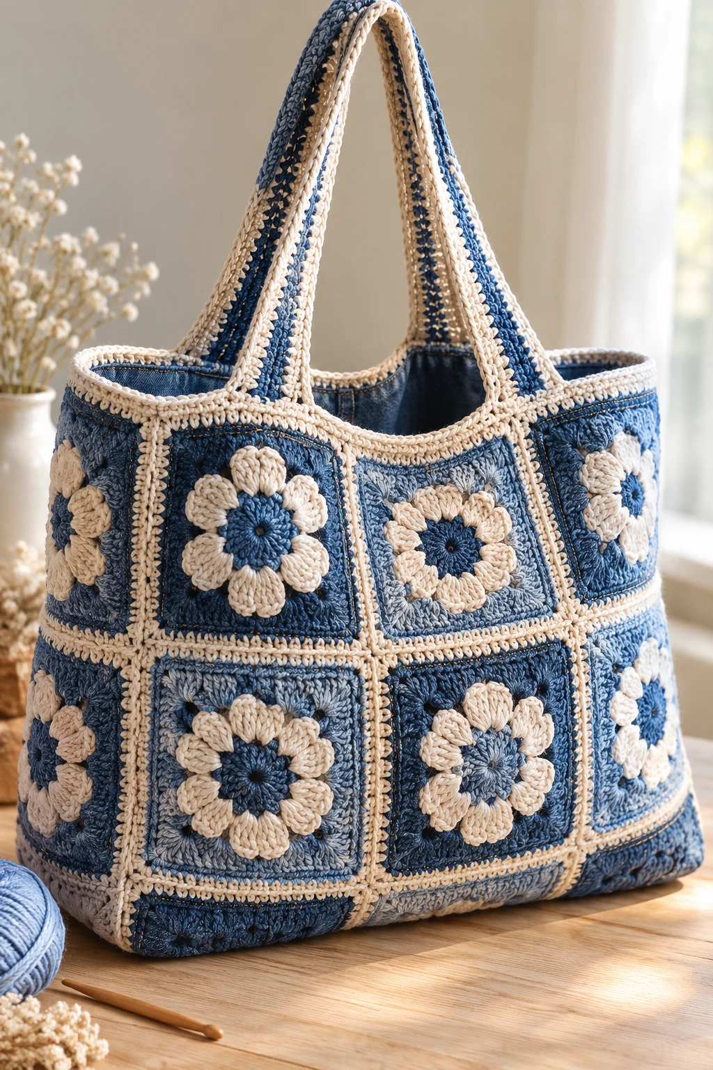Oversized Crochet Jeans Market Tote — crochet jeans bag style outfit
